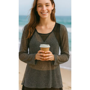 BKE Buckle Sheer Tunic Sweater Womens Large Gray Ruffle Bottom Light Beachy